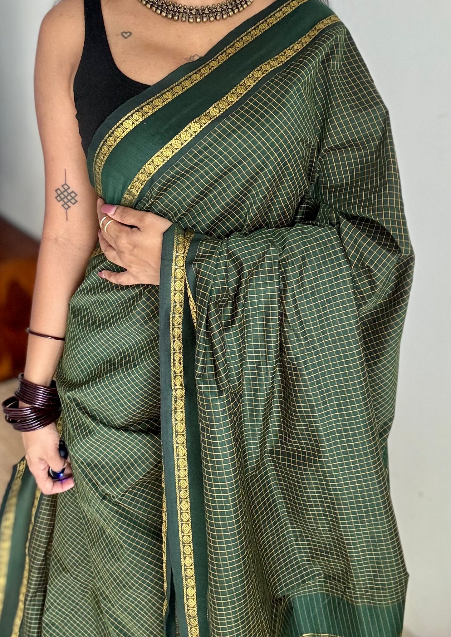 Dark green, arani checks saree, cotton silk - YCCOTNAUG18