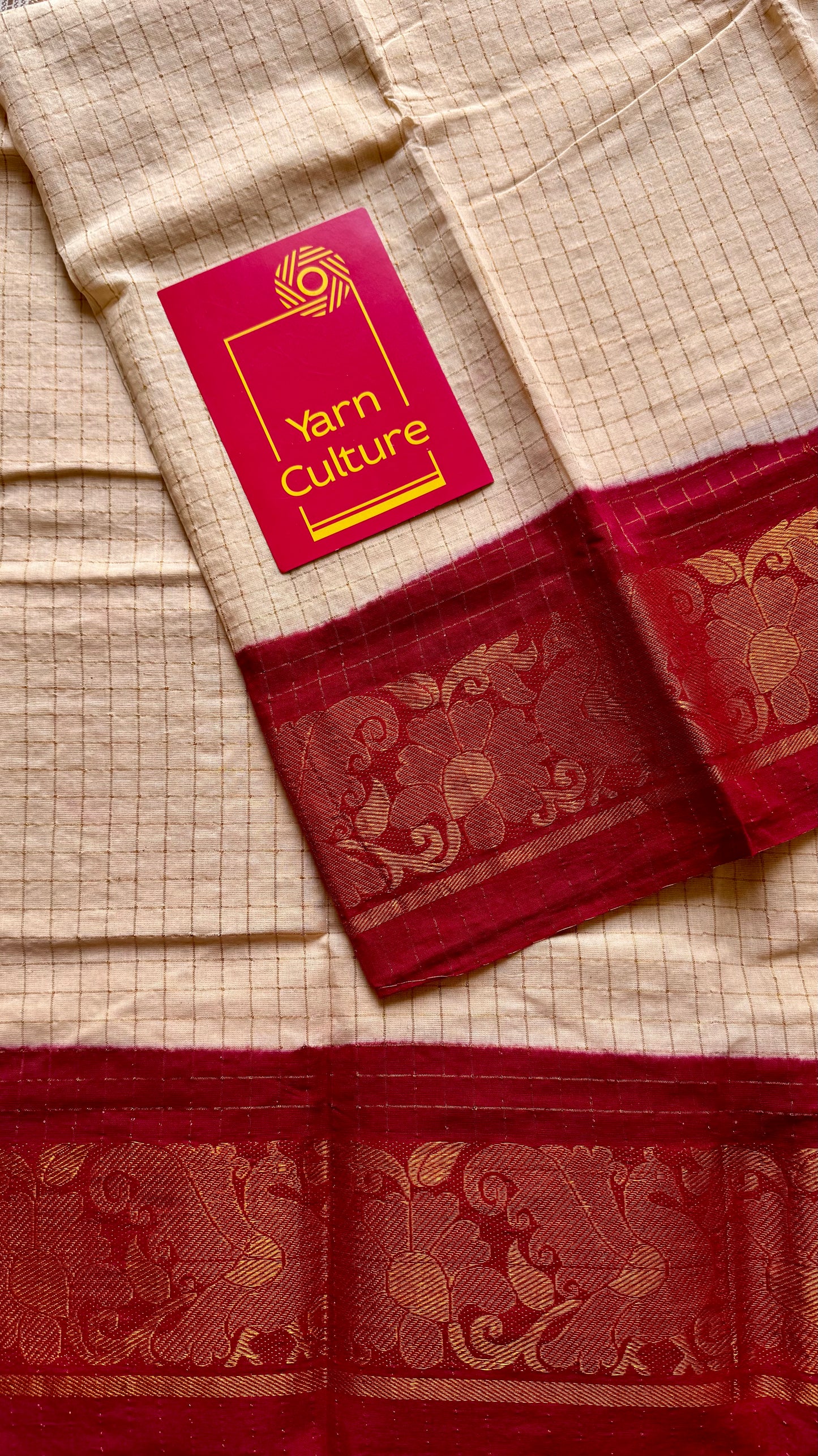 Ivory with red contrast zari checkered sungudi, kattuchayam dyed madurai cotton - YCIEON94