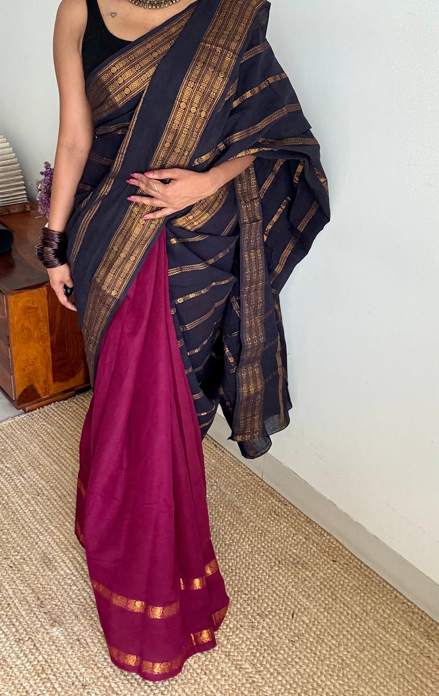 Black and dark vadamalli (purple pink), sungudi cotton half-half saree - YCCOTNIDMA296