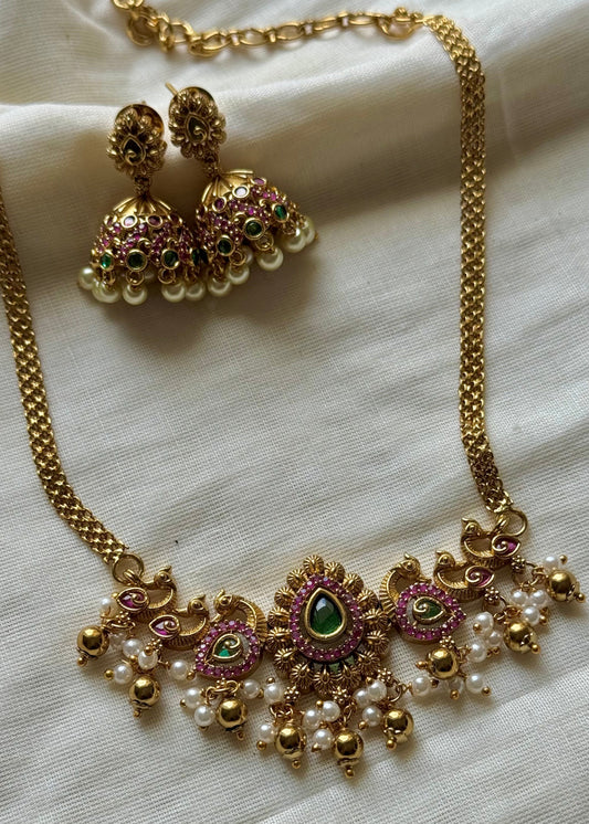 Gold plated choker neckpiece, ruby and green stones, with earrings  - YCAGNP258