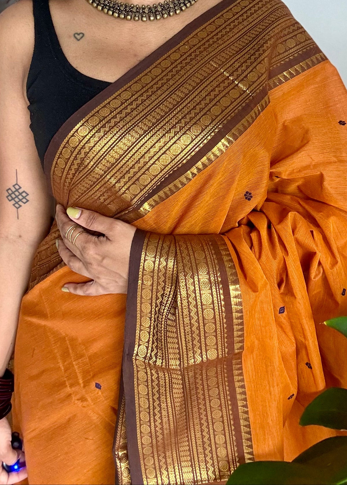 Orange with brown zari border chettinad cotton saree - YCCOTNCKSE16