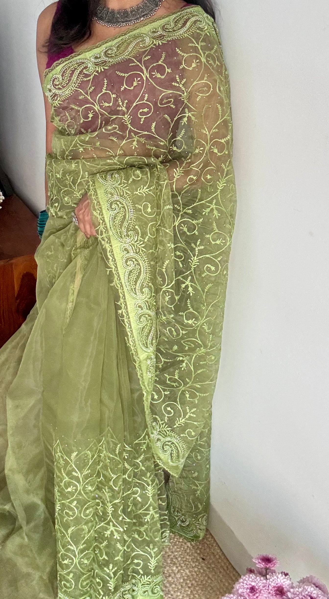 Olive Confetti - green organza, with theadwork and sequins - YCDOSNO32