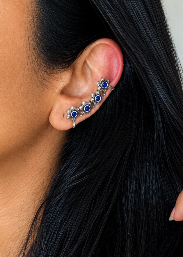 Oxidised silver, blue stone floral patterned earcuff - YCOSEC712