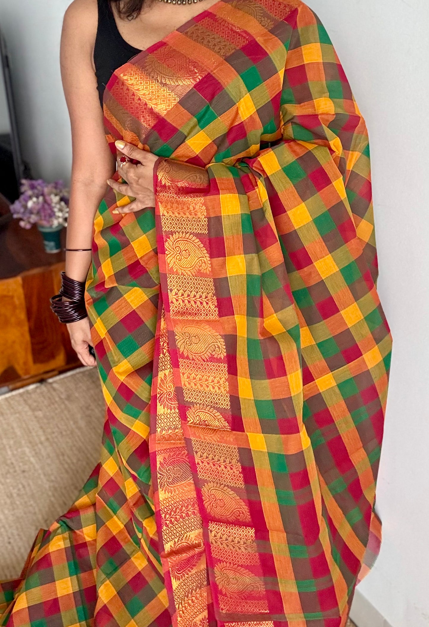 Multicolour Chettinad cotton saree with paalum pazhamum checks (green, yellow, orange, maroon) - YCCOTNCCFE340