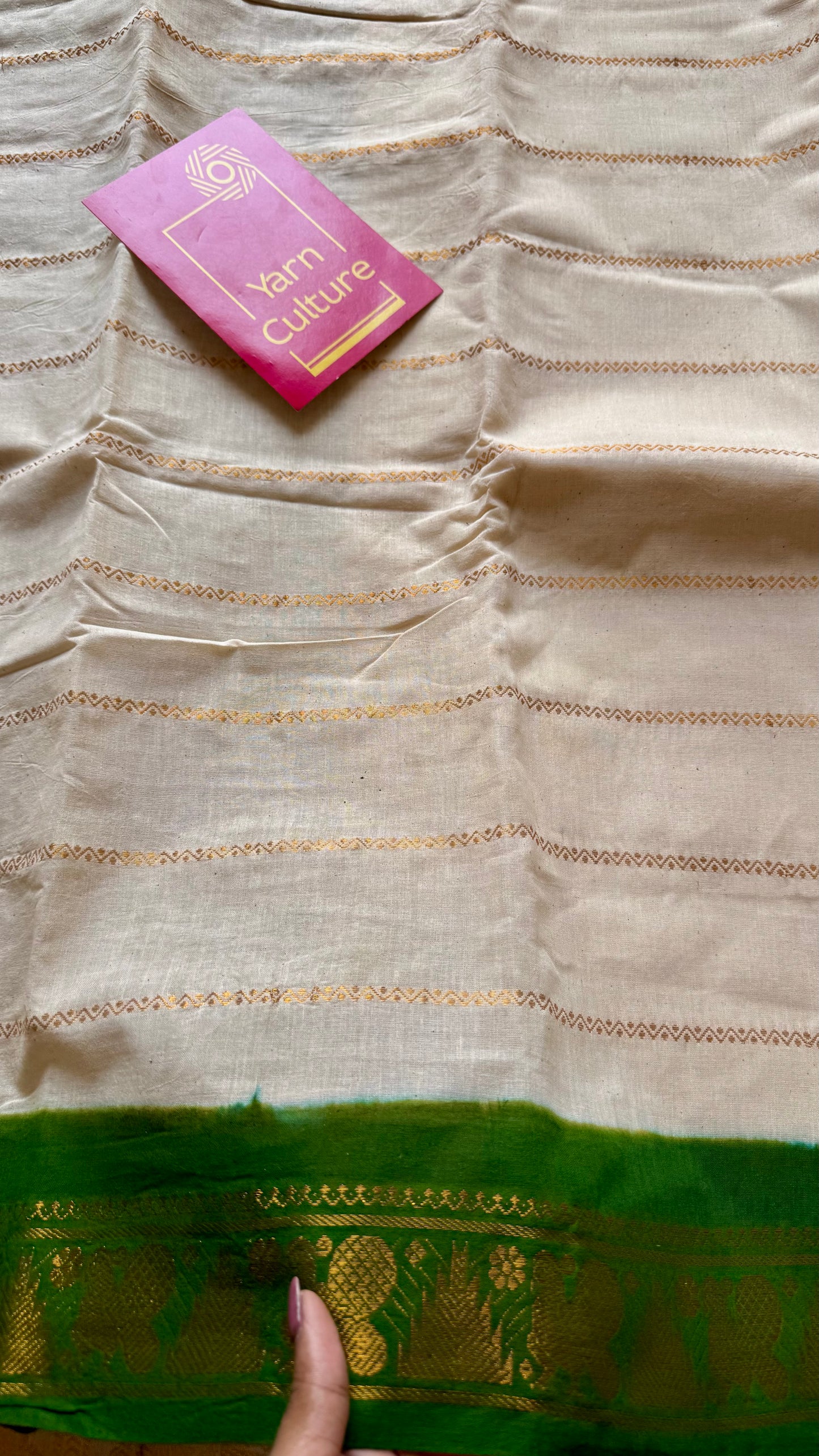 Ivory with green contrast velthaari sungudi, kattuchayam dyed madurai cotton - YCIEON104