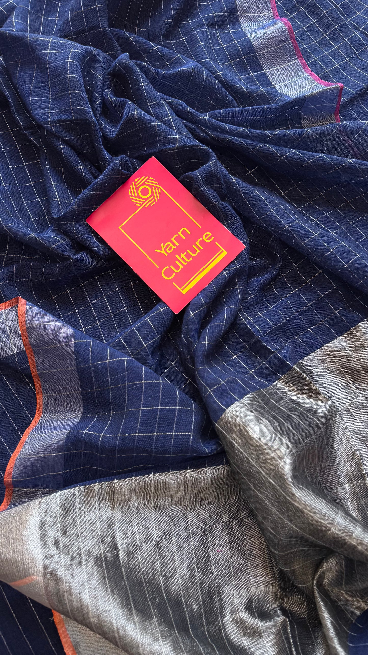 Navy blue linen by cotton saree, silver checks & zari pallu - YCBCLCFE392