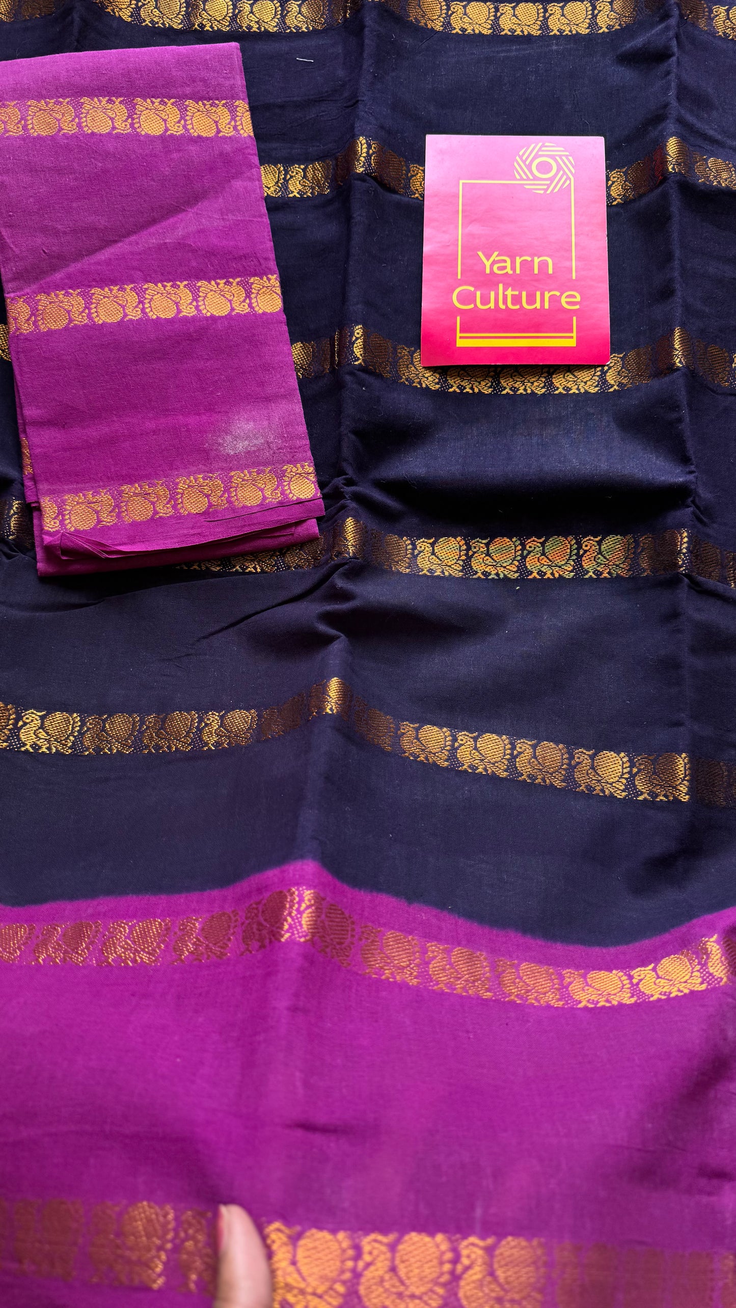 Dark blue with magenta peacock striped sungudi, kattuchayam dyed madurai cotton - YCCOTNMSAP165