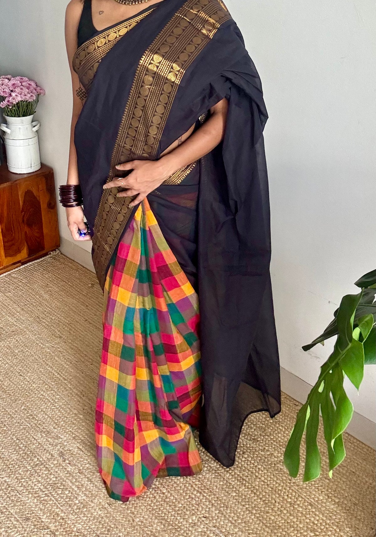 Black chettinad with multicoloured madras checks, cotton half and half saree - YCCOTNIDOC166