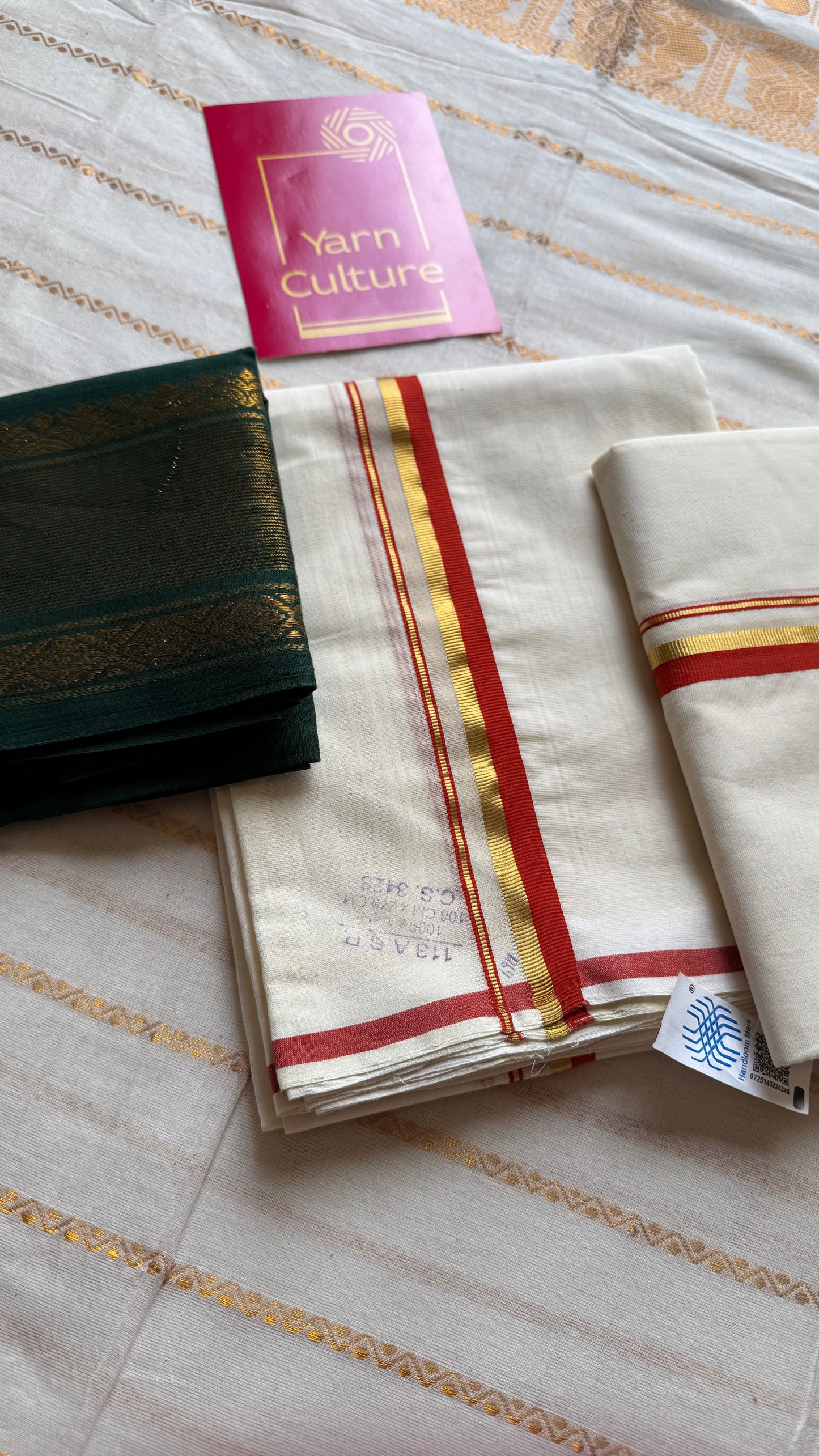 Set mund, handwoven from Chendamangalam looms, rust orange and gold - YCIEON143