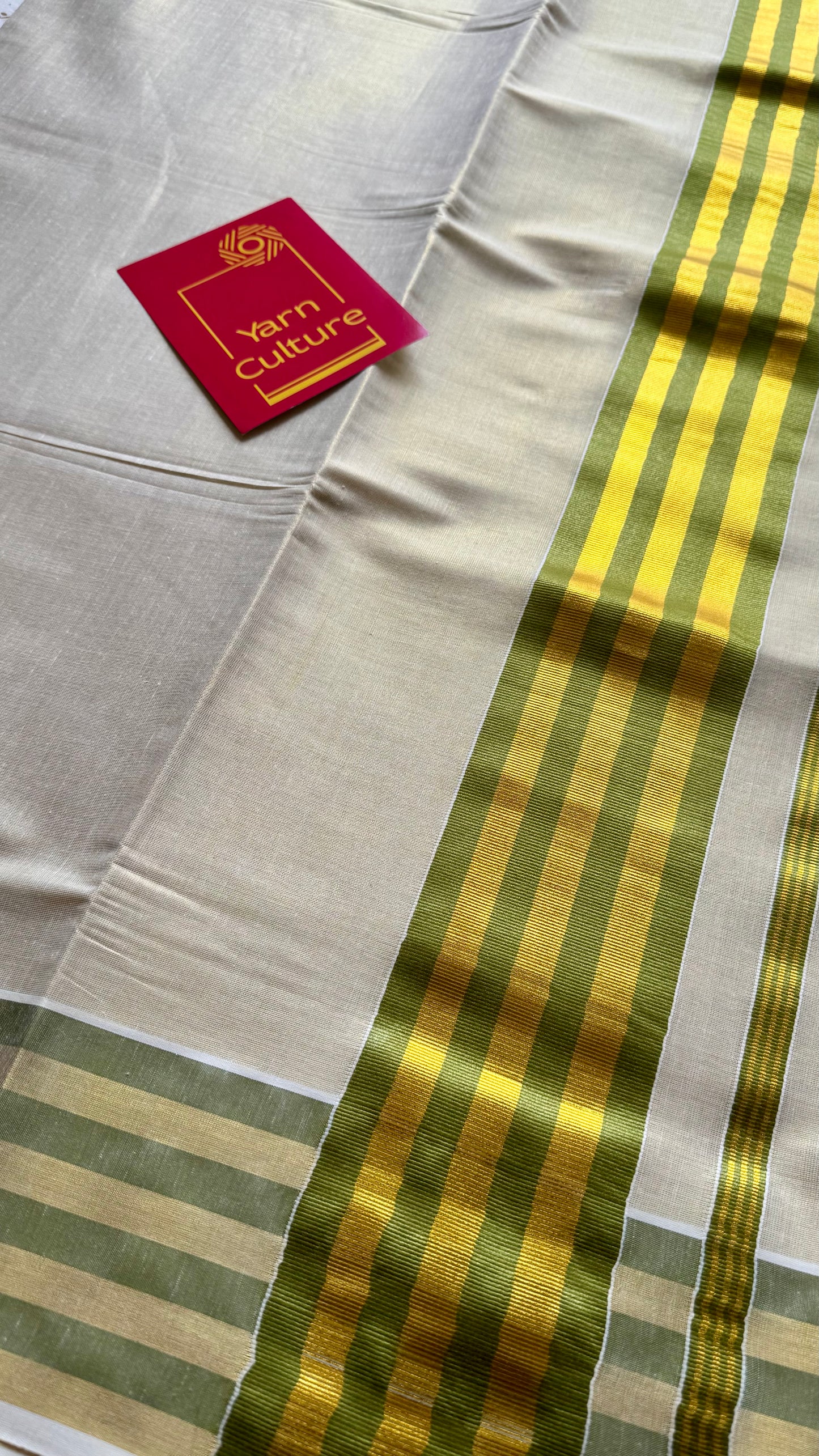 Ivory and gold soft tissue cotton saree, light green border - YCIEON65
