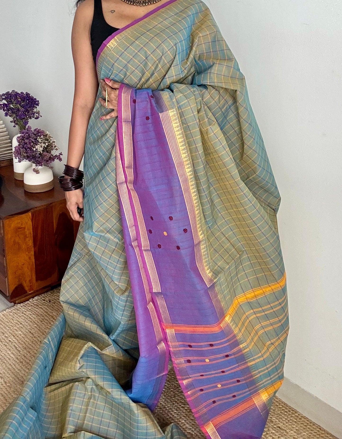 Grey and purple contrast, checkered Chettinad cotton saree - YCCOTNMA270