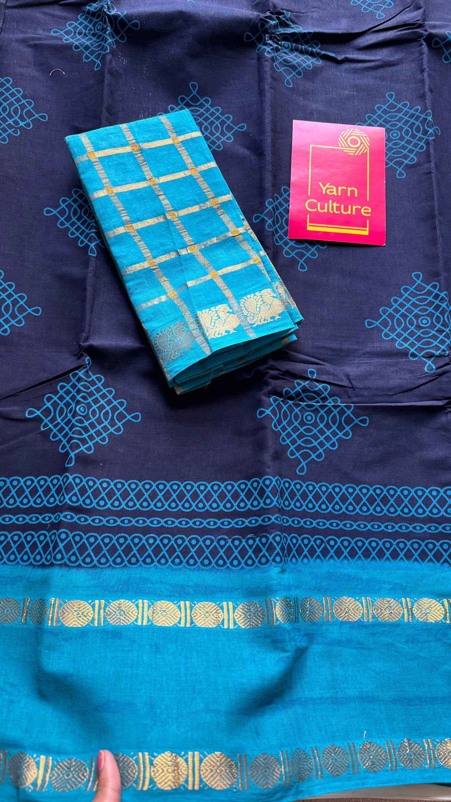 Dark blue with aqua blue, kolam print, rettaipettu gap border, madurai soft cotton - YCCOTNMSAP201
