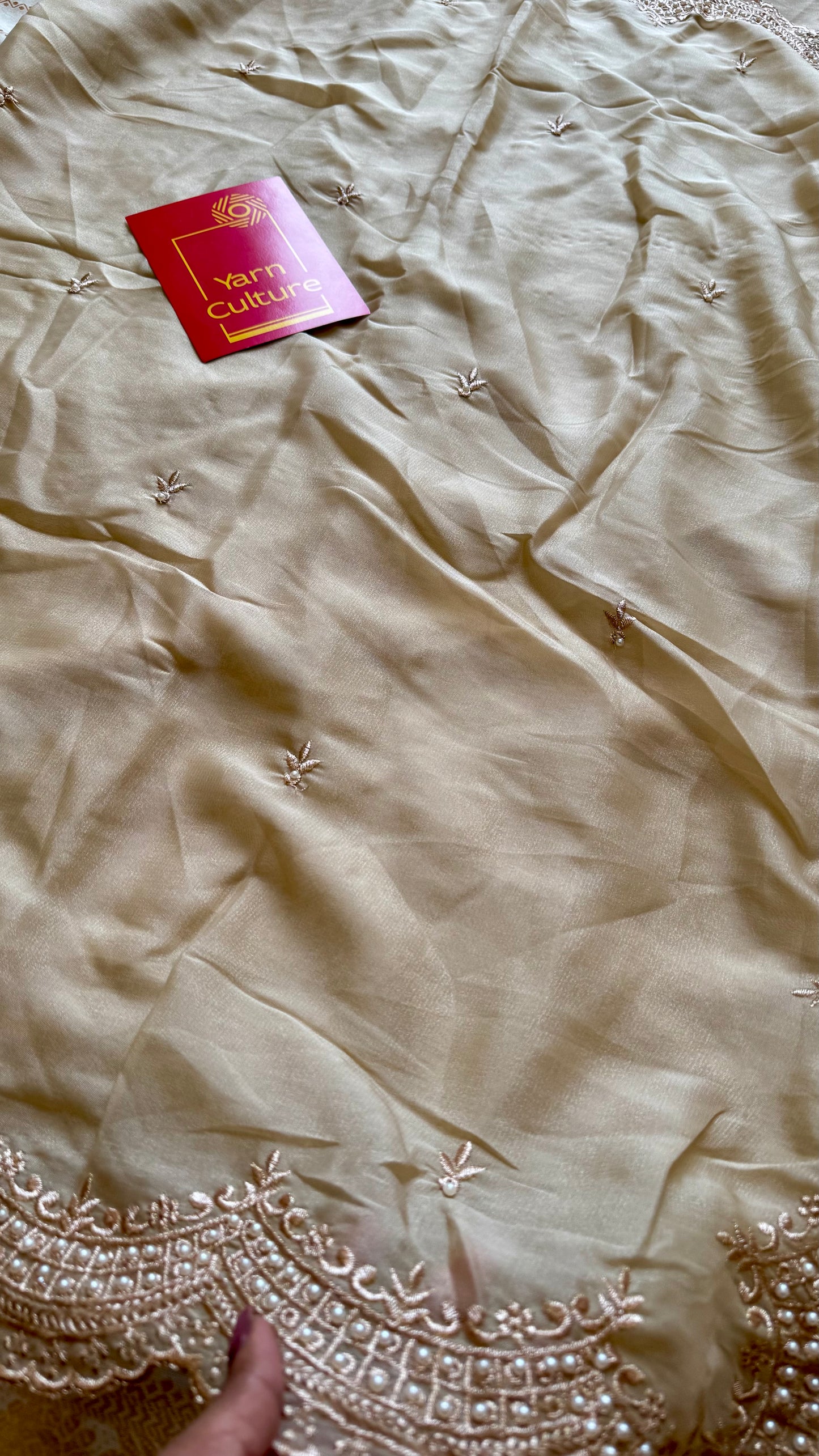 Gold soft chiffon saree, with pearl embellished border - YCIEON85