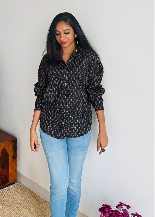 Black Confetti - blockprinted cotton stitched shirt, collared neck, full sleeves - YCSEBPSJA216