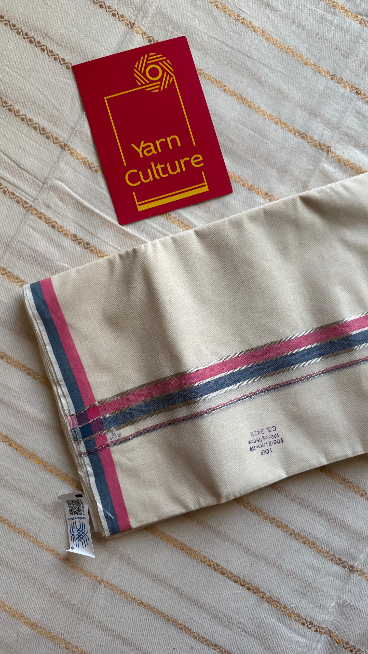 Ivory Chendamangalam Handloom Double Mundu with Pink, Blue & Silver Kasavu Kara | Soft Cotton Men's Dhoti - YCMSEIE171