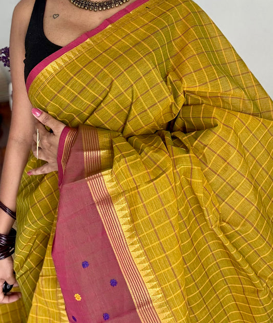 Light green and dark copper rose contrast, checkered Chettinad cotton saree - YCCOTNMA267