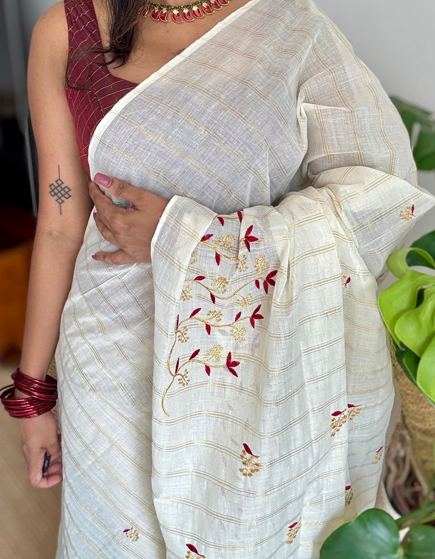 Ivory and gold soft cotton saree, maroon floral vine embroidery  - YCIEON58