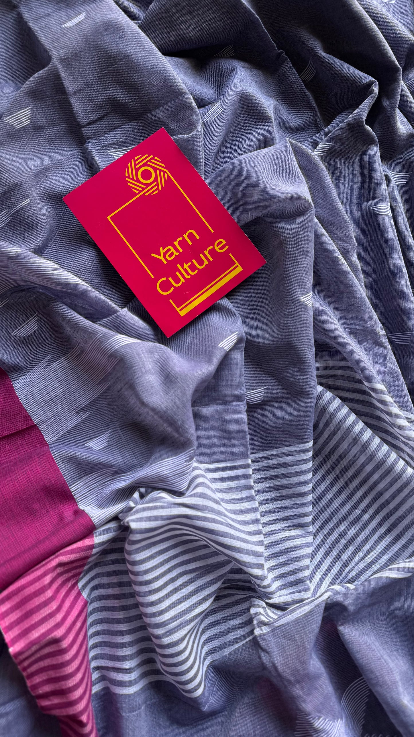 Cool grey with purple pink borders, temple motif woven threadwork, soft cotton - YCBCMKCDE30