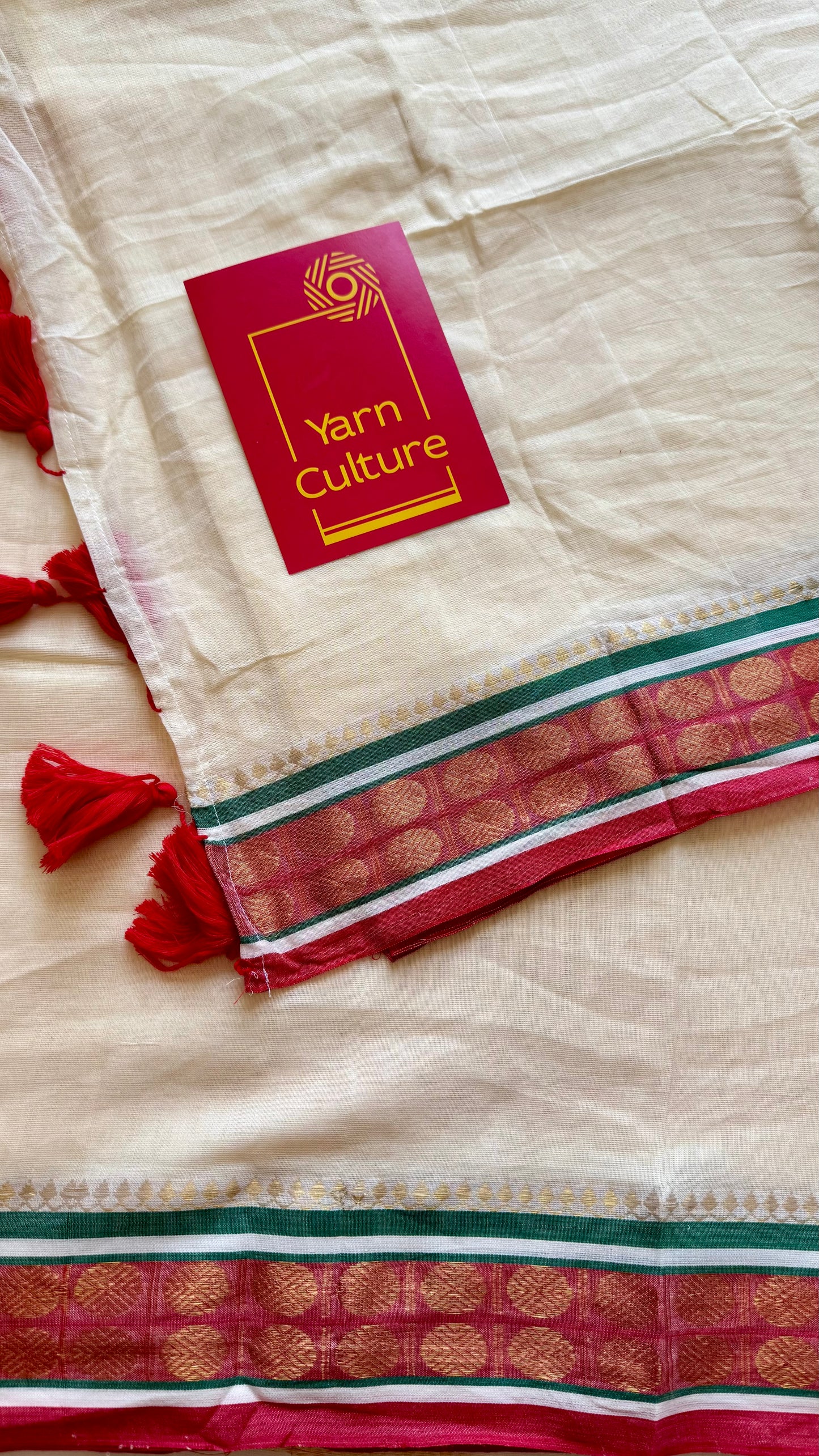 Ivory mul saree, muted red and green kanchi border  - YCIEON24