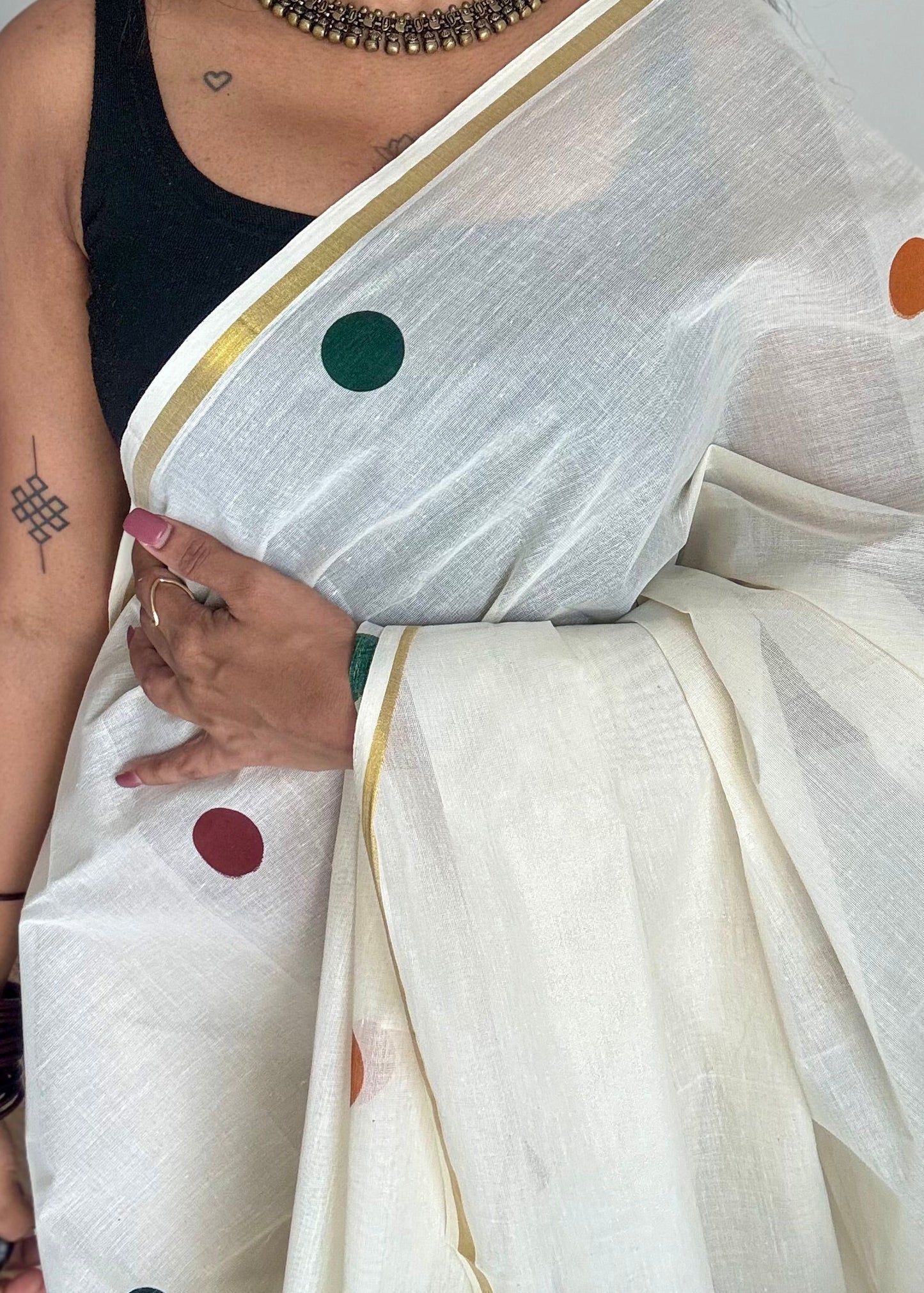 Ivory and gold soft cotton thin border kasavu saree, maroon, green and mustard polka - YCIEON74