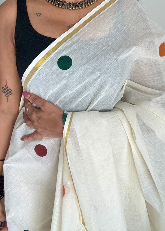 Ivory and gold soft cotton thin border kasavu saree, maroon, green and mustard polka - YCIEON74