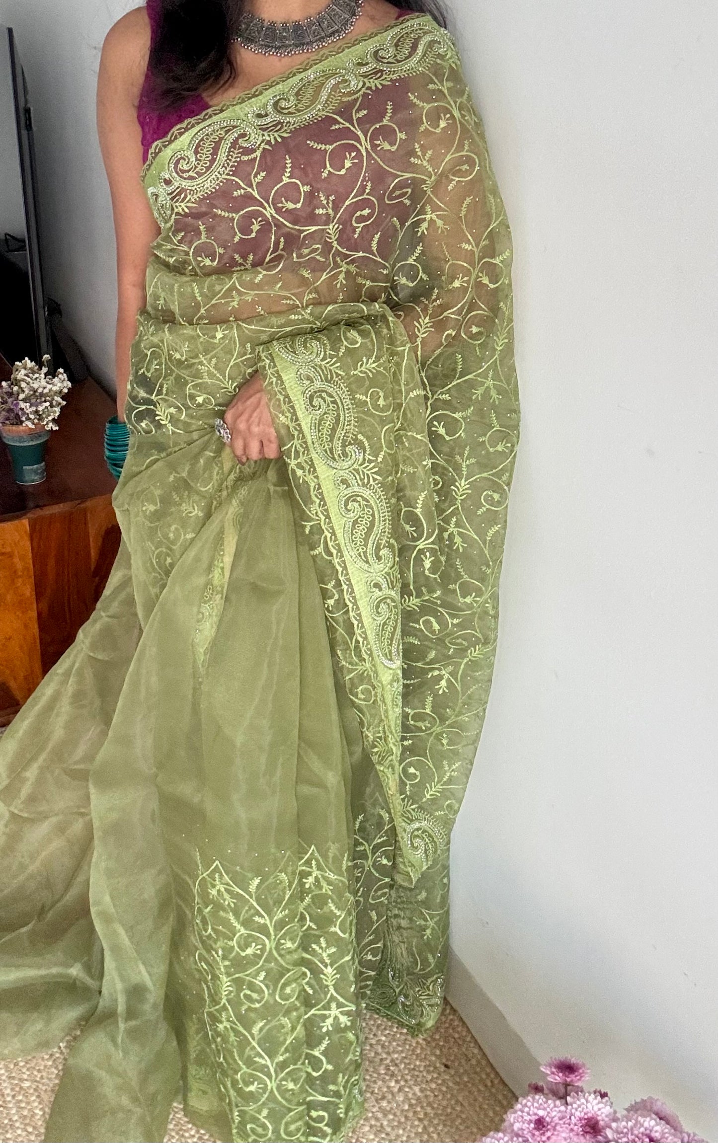 Olive Confetti - green organza, with theadwork and sequins - YCDOSNO32