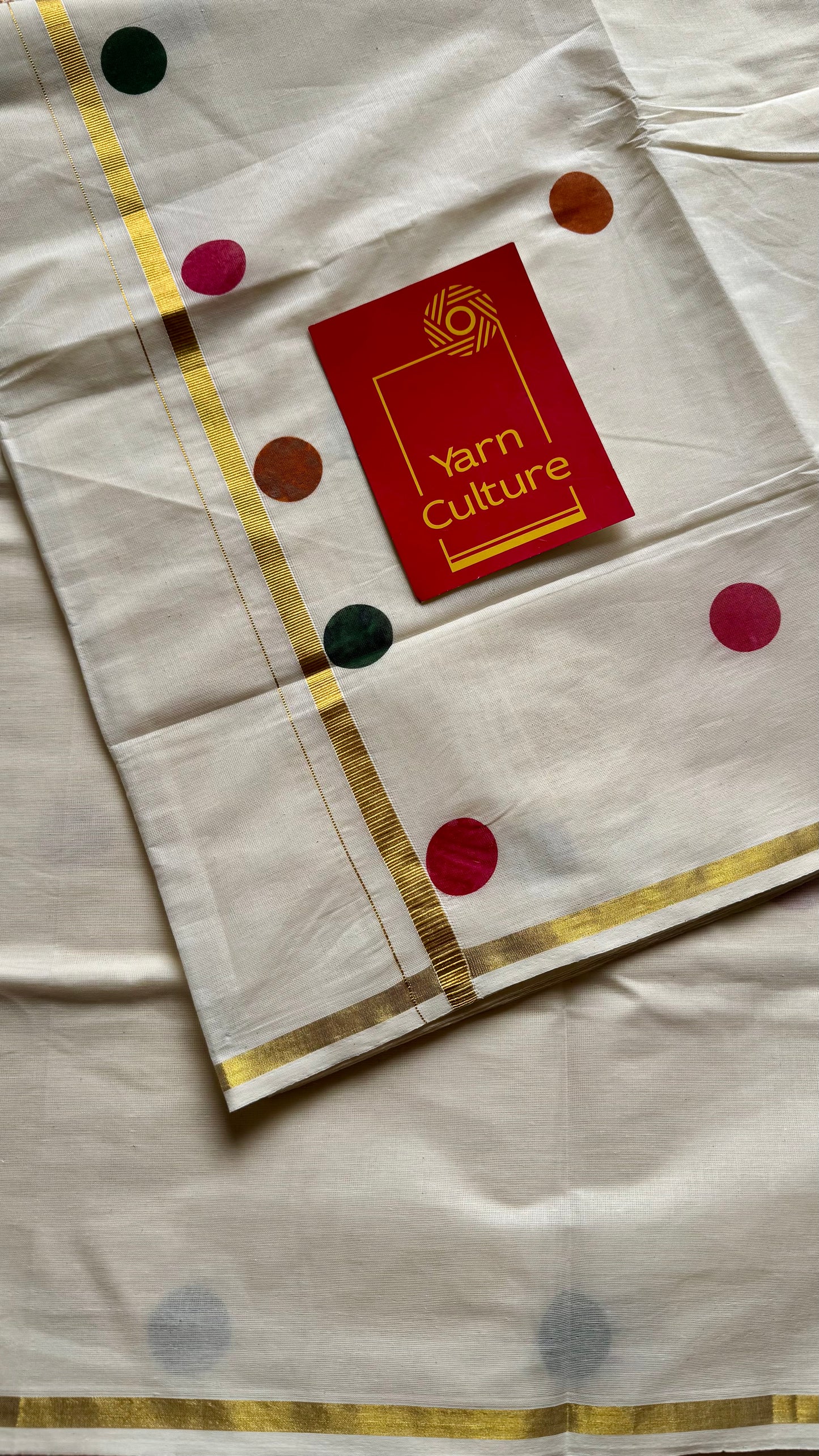 Ivory and gold soft cotton thin border kasavu saree, dark pink, mustard and green polka - YCIEON75