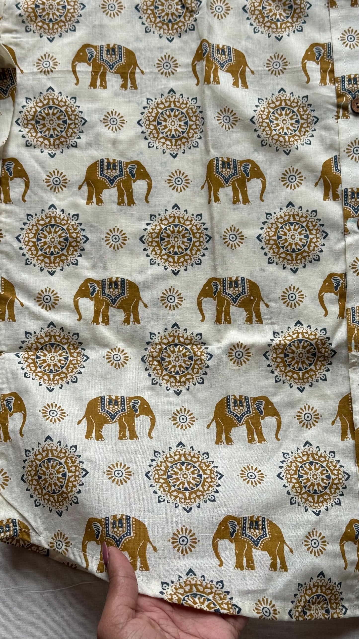 Ivory Elephant Motif Block Printed Cotton Men's Full Sleeve Collared Shirt - YCMSEIE205