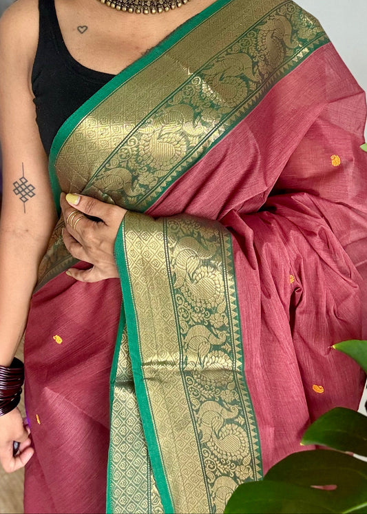 Terracotta red with green zari border kanchi cotton saree - YCCOTNCKSE18