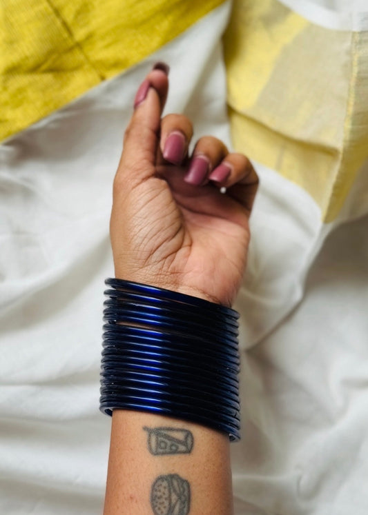 Dark blue glossy glass bangles, set of 12 - YCBANGL842