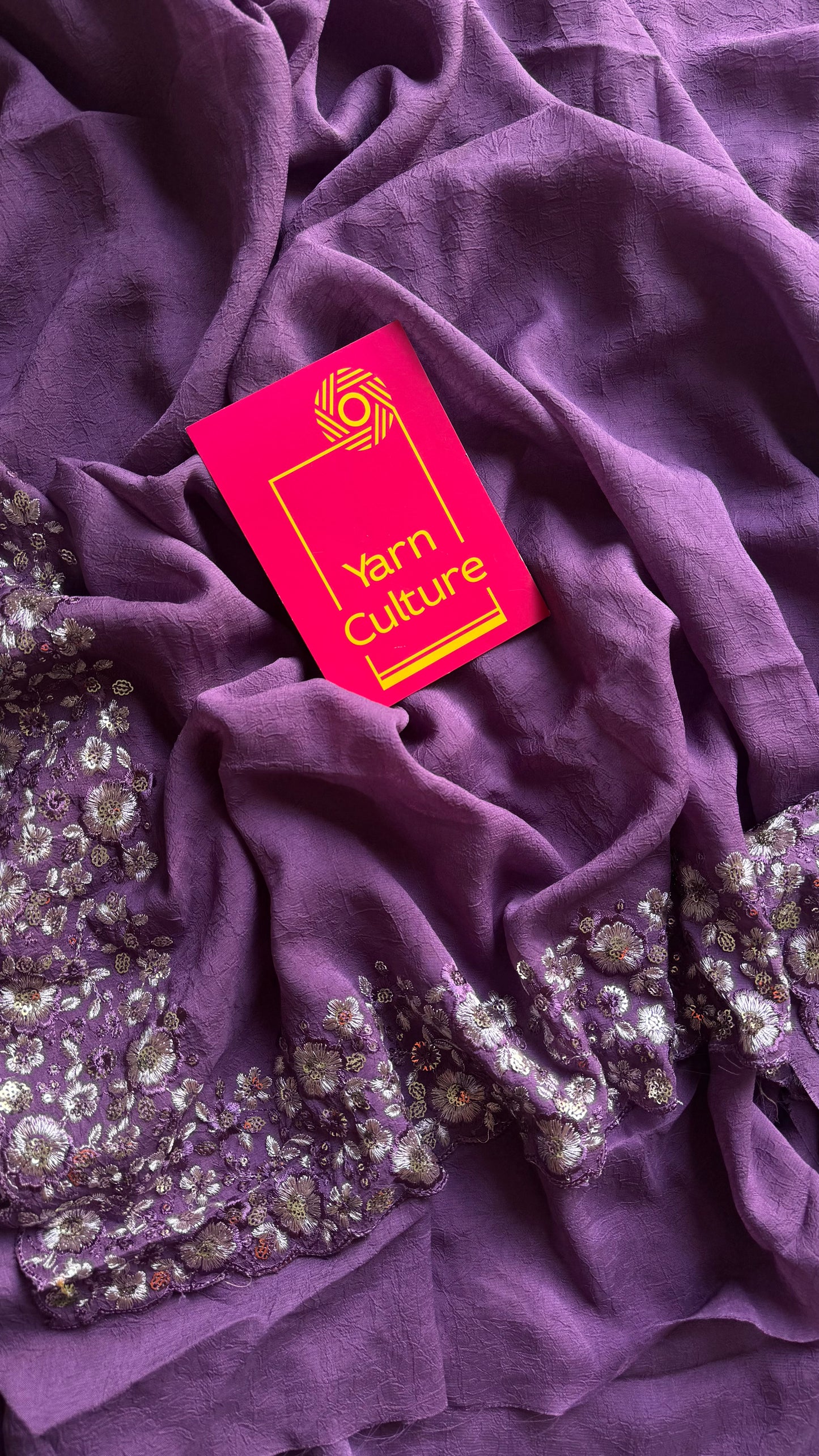 Purple Garden - dark purple with floral sequins embroidered borders, semi-crepe- YCDOSNO47