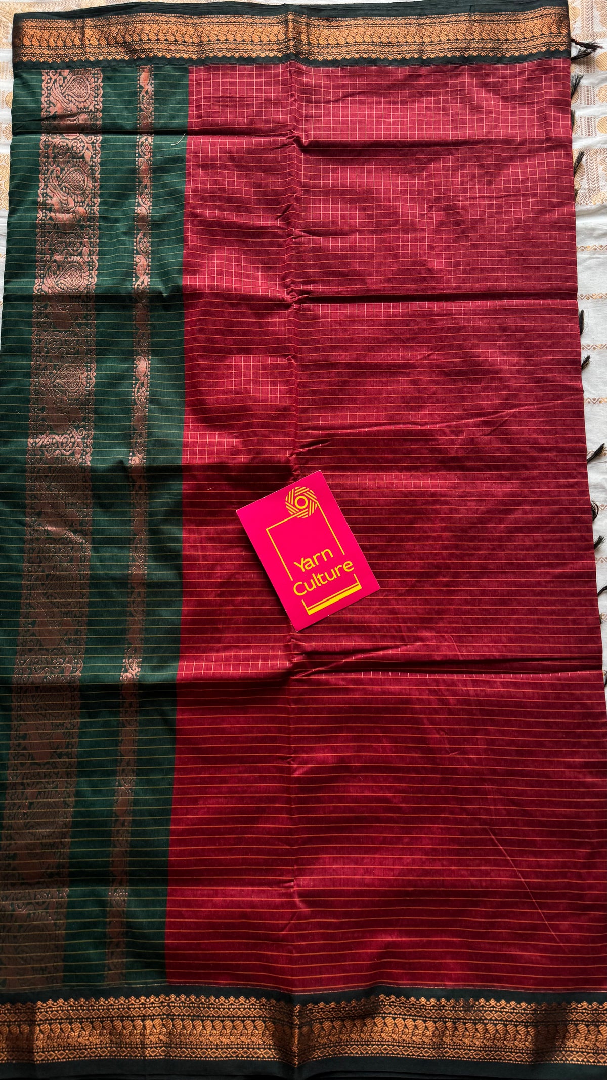 Dark red with green, zari checkered saree, cotton silk - YCCOTNKCOC100
