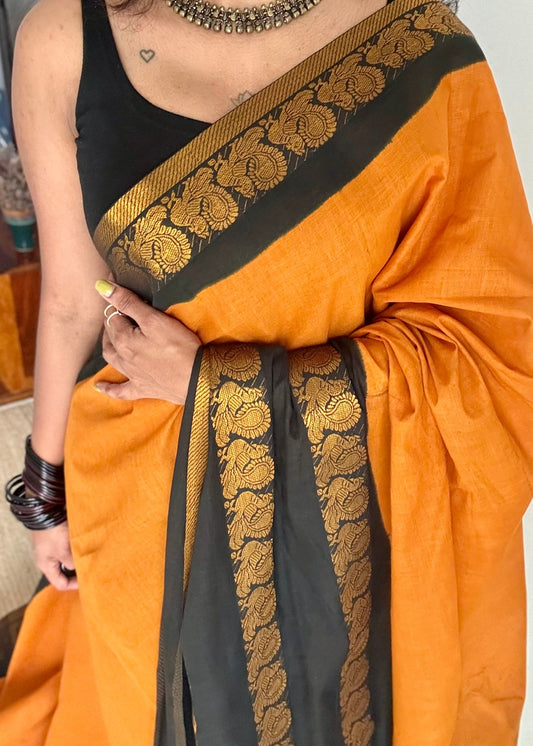 Dark turmeric and black sungudi with triple peacock motif rettai pettu wide border - YCCOTNSEMS46