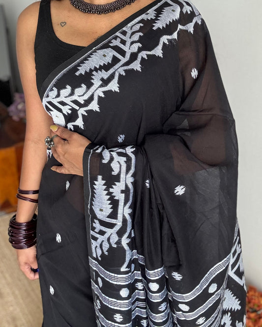 Black with white contrast jamdani saree in soft handloom cotton - YCBCJDFE377