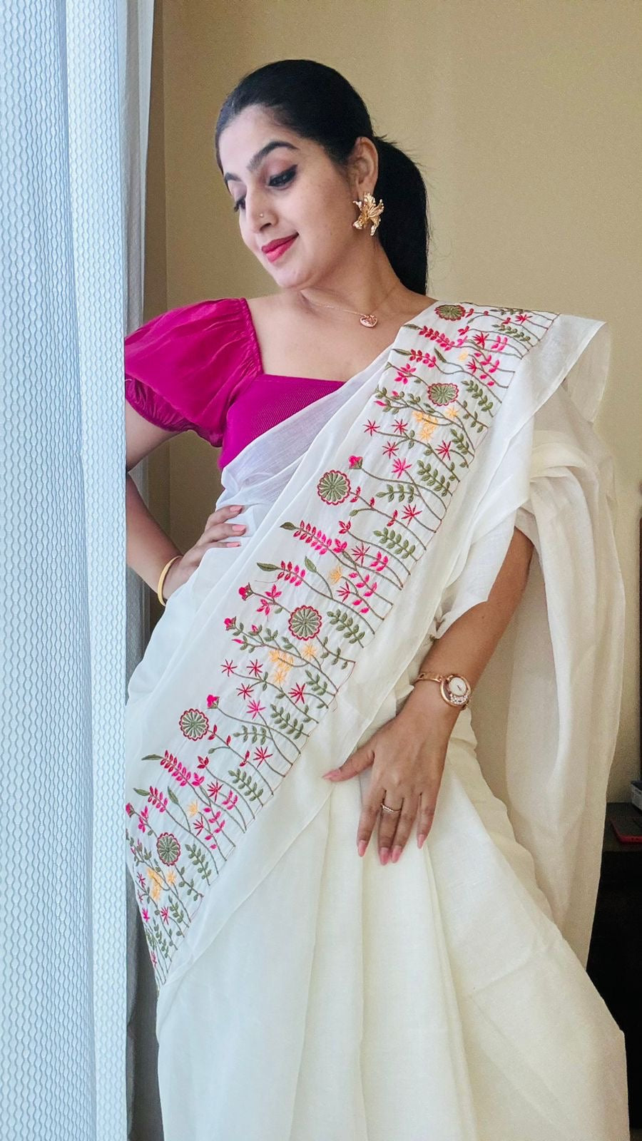 Meera : Ivory with one side floral embroidery, soft cotton - YCONBCSC232