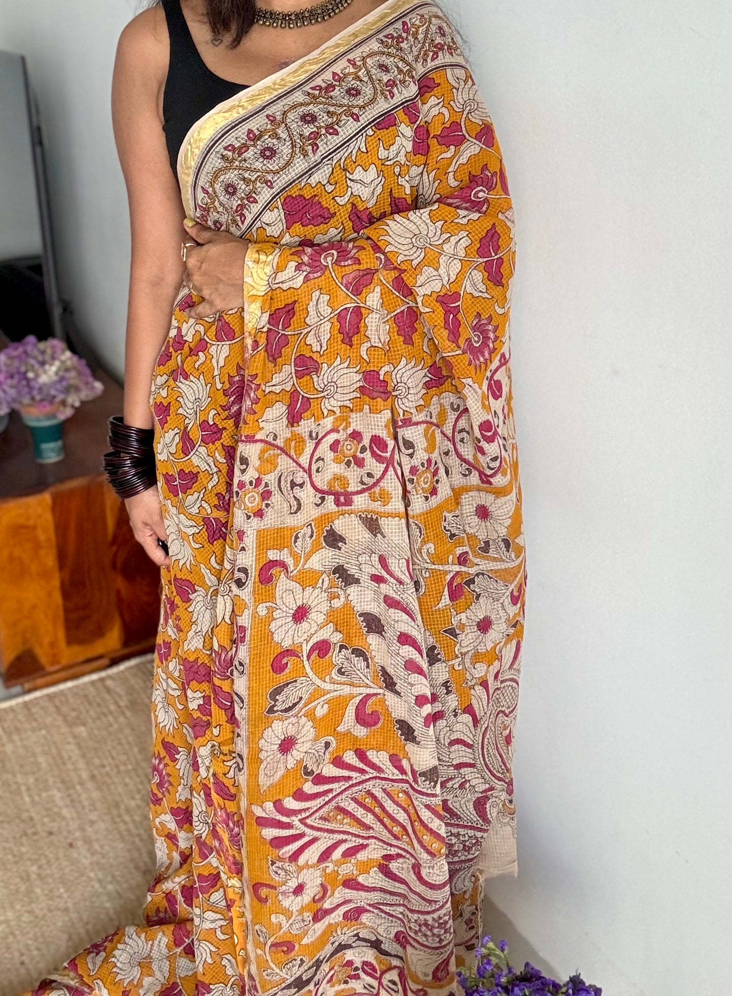Orange pink kalamkari saree in kota, with zari border - YCWOTDKKFE14