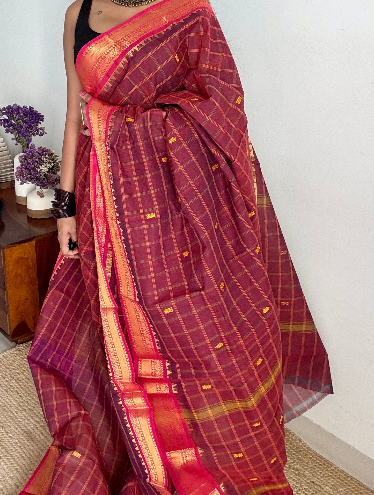 Maroon and fuchsia pink contrast, checkered Chettinad cotton saree - YCCOTNMA266