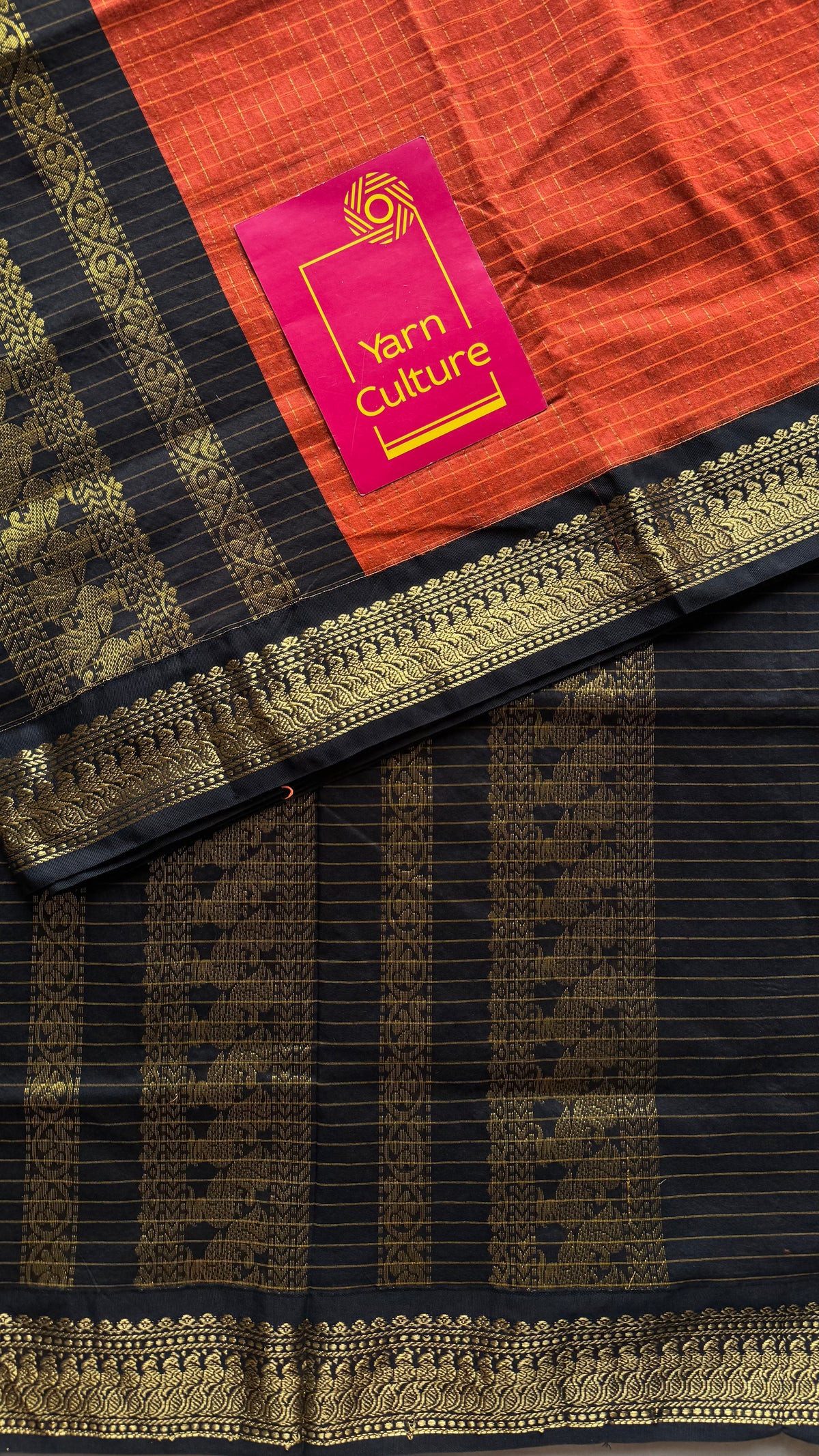 Orange with black, zari checkered saree, cotton silk - YCCOTNKCOC101