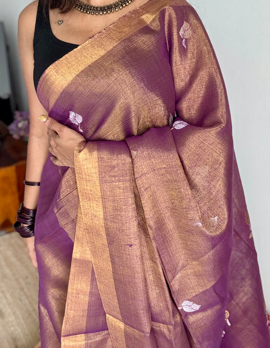 Handwoven purple gold dual tone tissue linen saree with lotus motifs - YCBCLTFE401