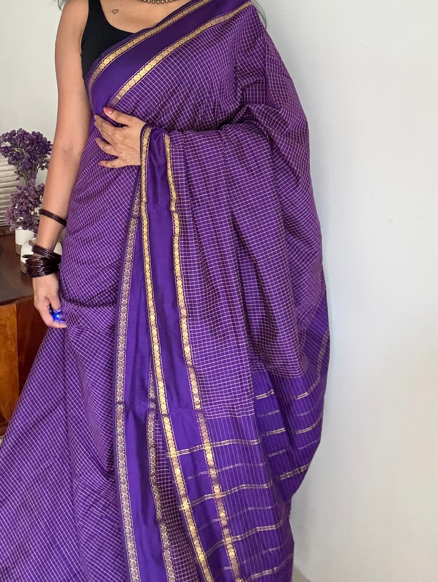 Purple arani checks saree, cotton silk - YCCOTNMA275