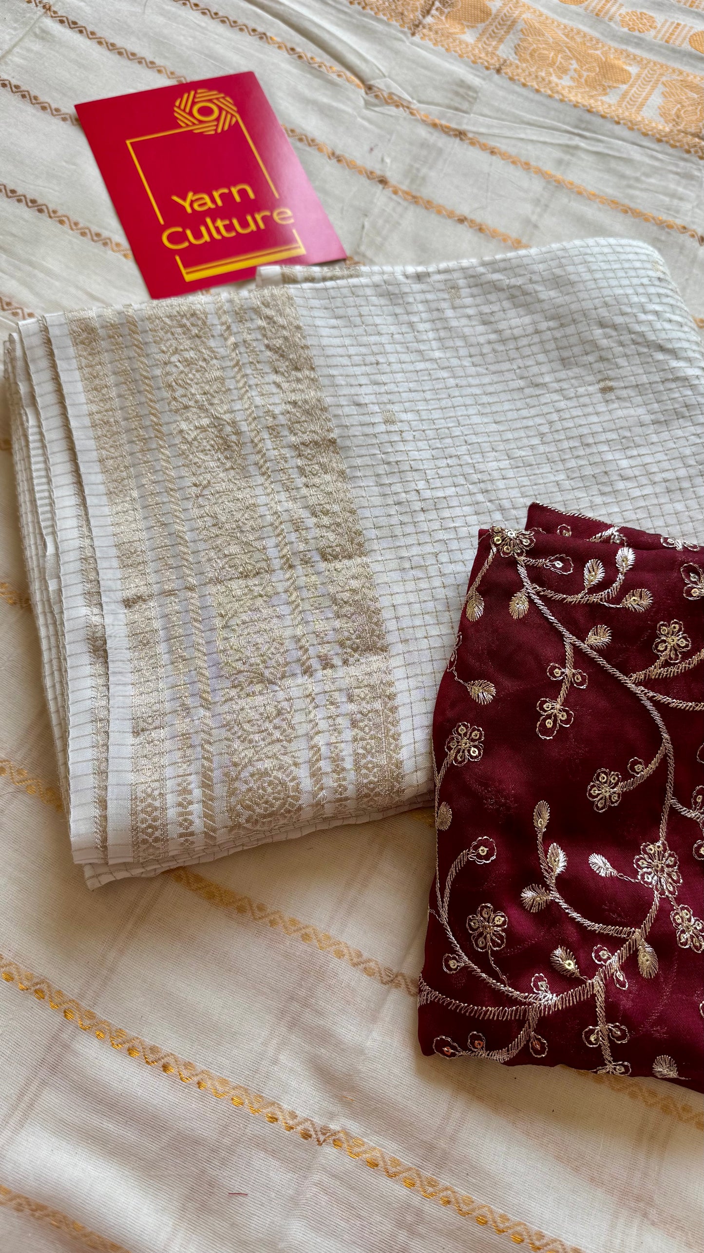 Off white and gold soft georgette saree, checks, gold border - YCIEON84