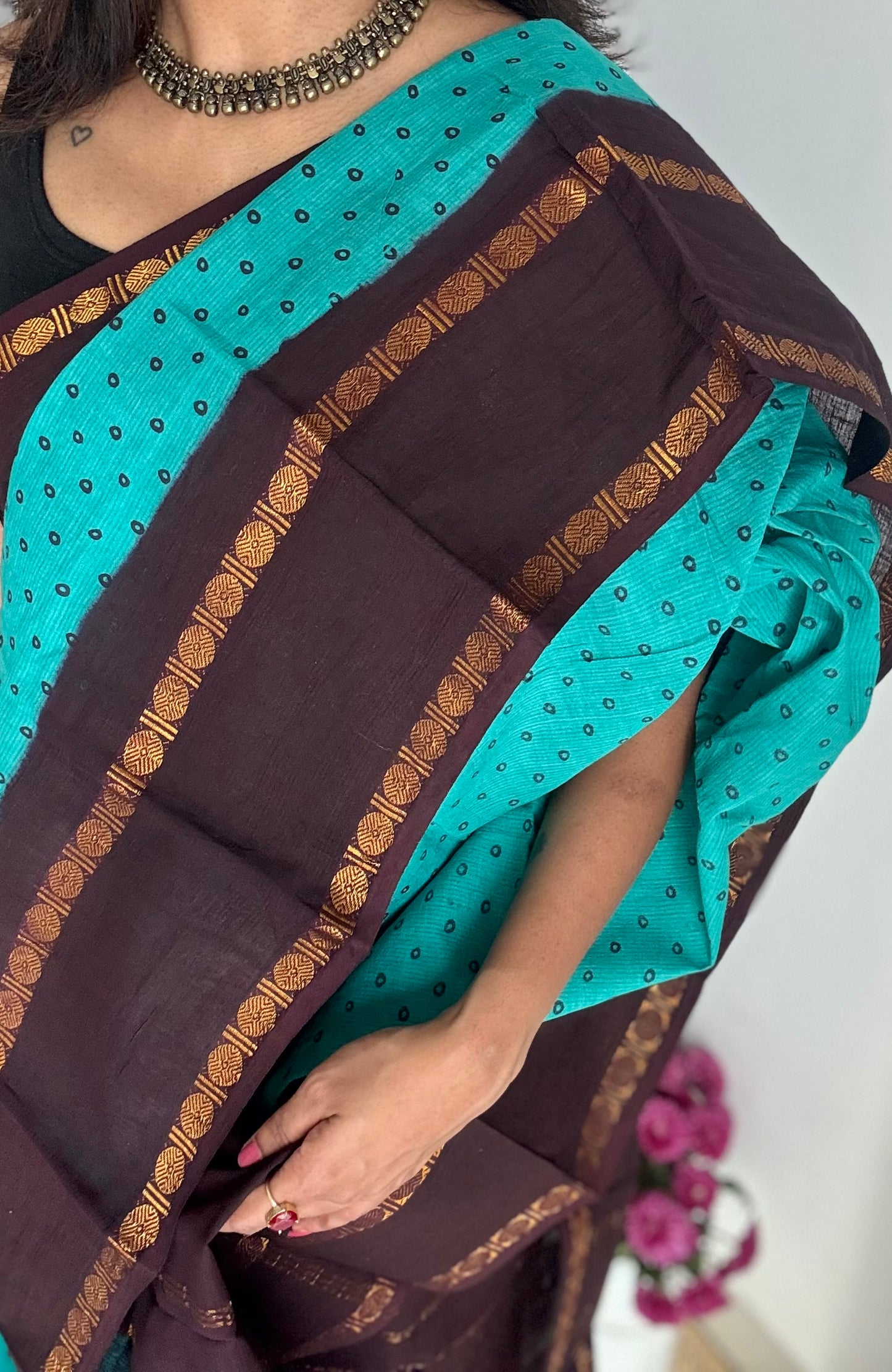 Turquoise with brown, sungudi motif and rudraksham border, madurai soft cotton - YCCOTNAUSC05