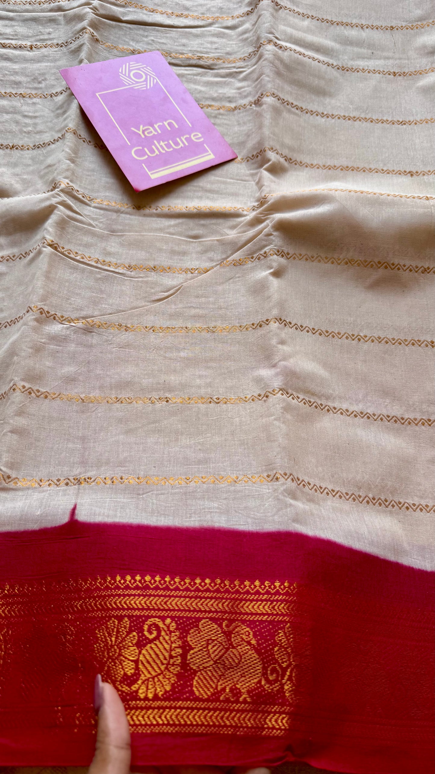 Ivory with red contrast velthaari sungudi, kattuchayam dyed madurai cotton - YCIEON105