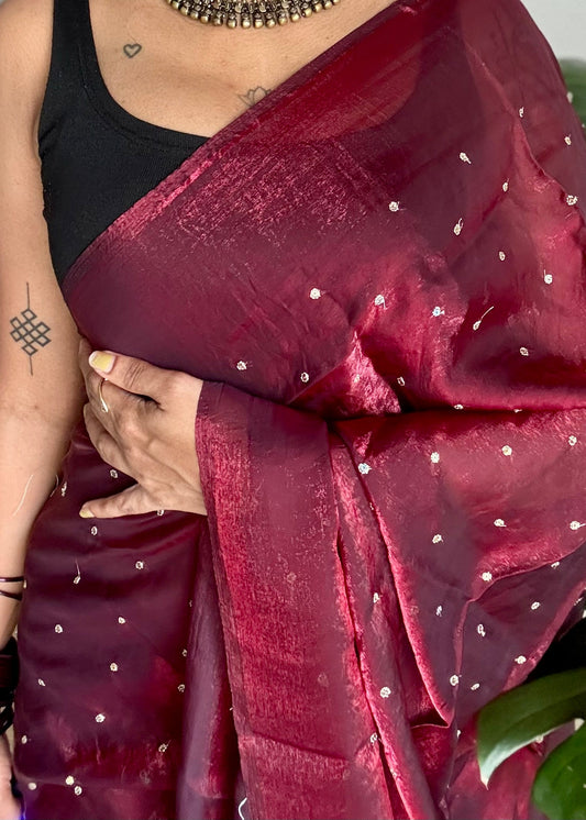 Metallic dual tone space silk saree, dark red with sequins - YCDOSOC48