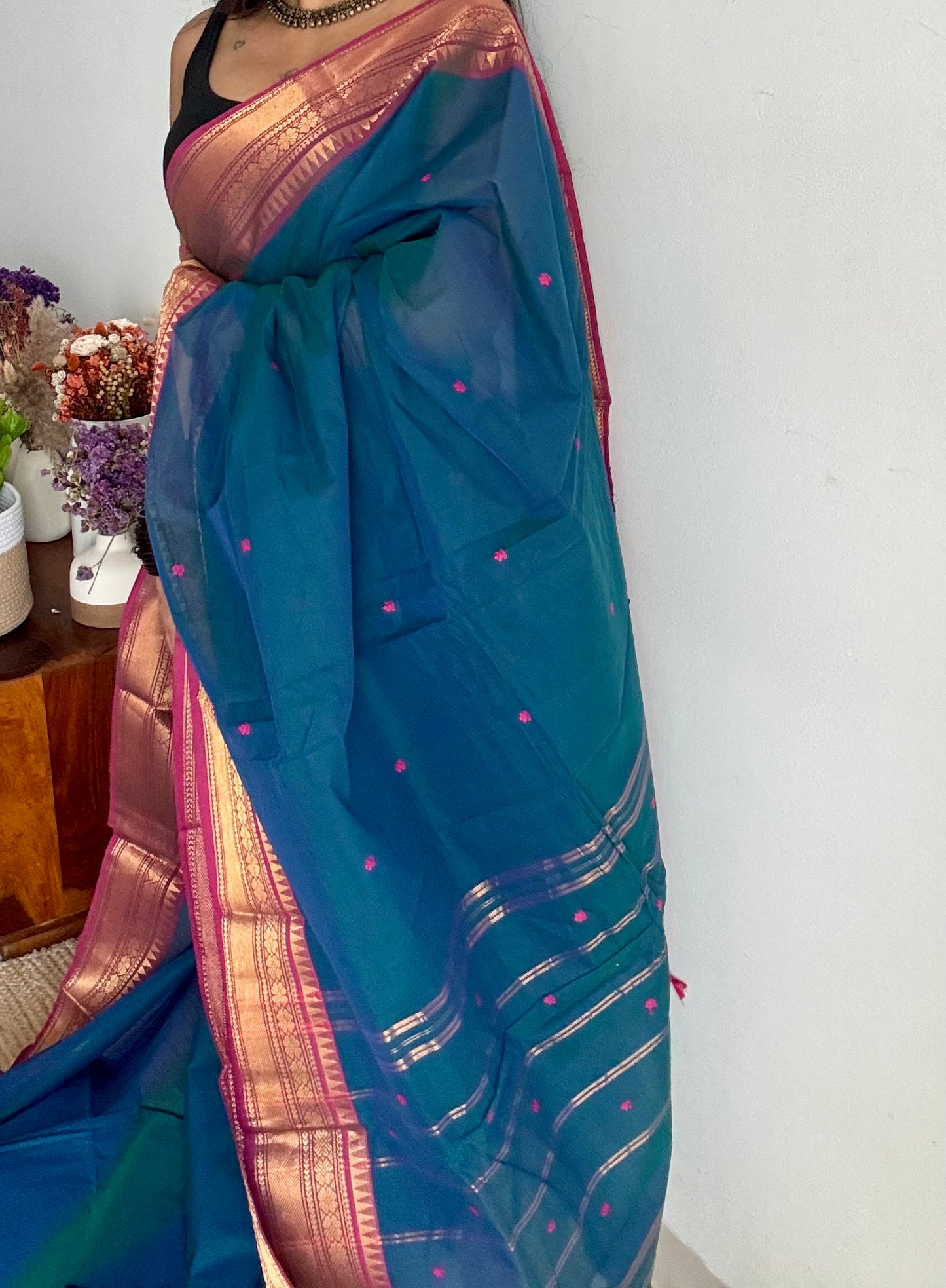 Kanchi cotton saree, peacock blue with dark pink border - YCCOTNAP86