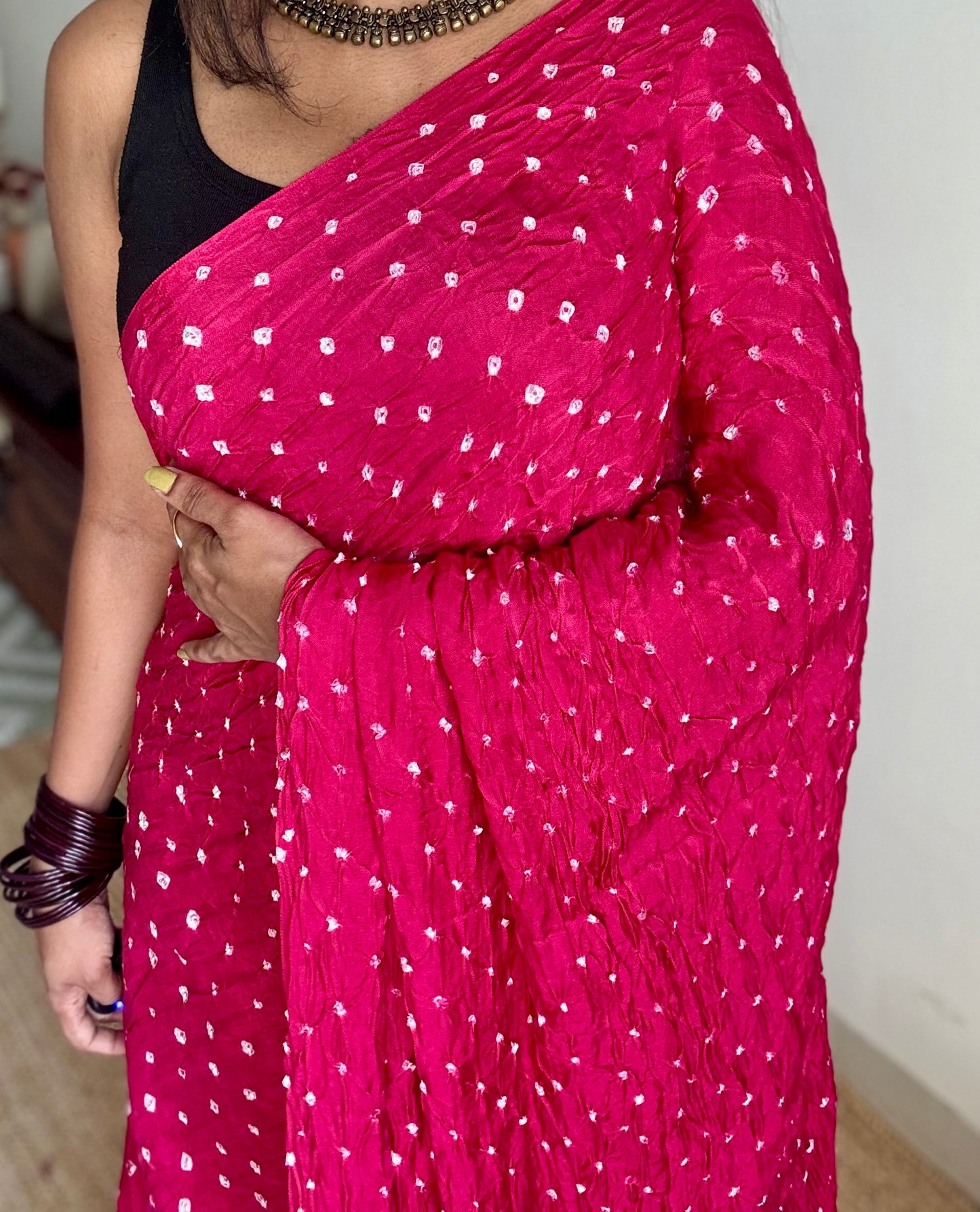 Rani pink, crushed bandhej pure modal silk saree with lagdi patta zari pallu - YCTOKBM332