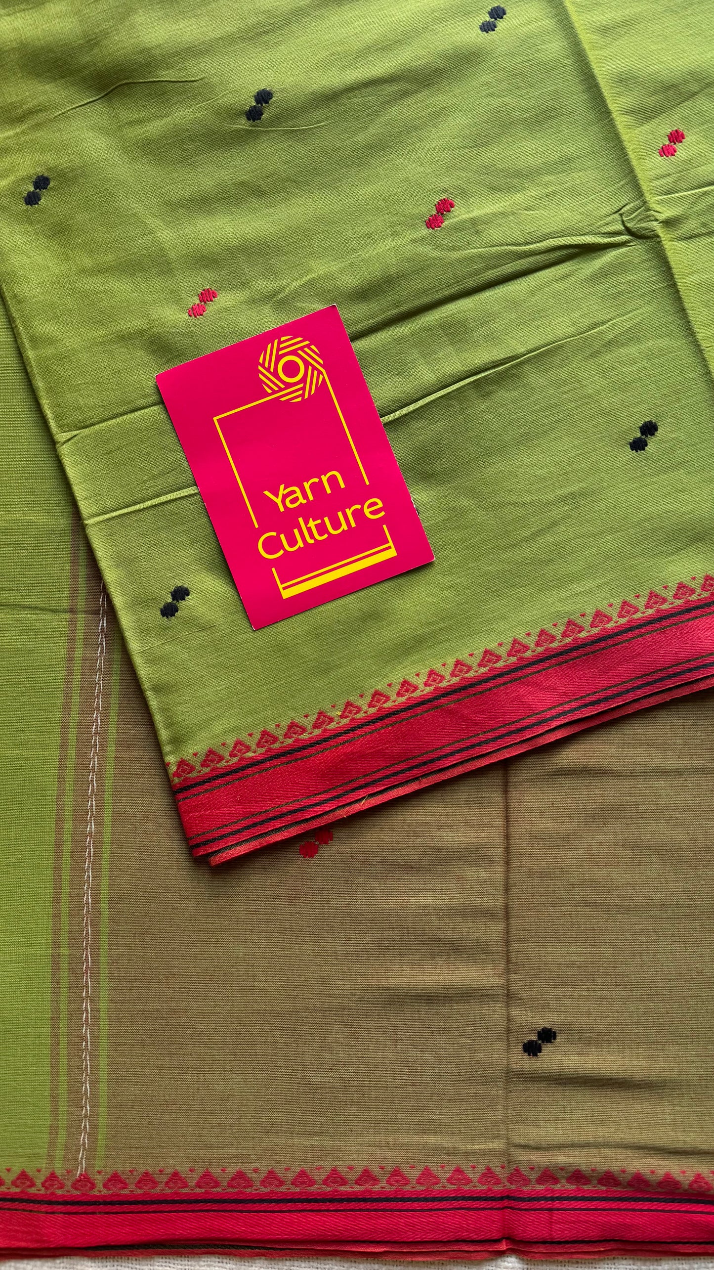 Dhonekhali handloom soft cotton saree,parrot green with red thread border, red and black woven buttas - YCBCDFE260