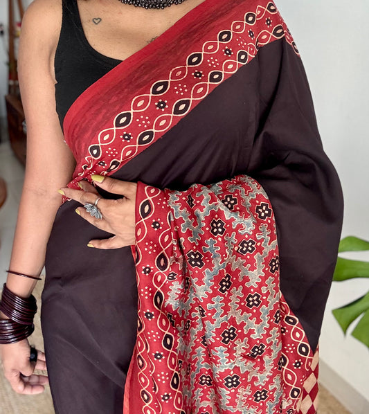 Black and red chanderi saree with ajrakh handblock print - YCTOKAJC343
