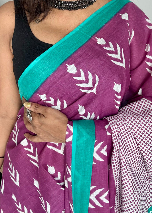 Magenta with turquoise green and white motifs, soft cotton saree - YCTORCMA06