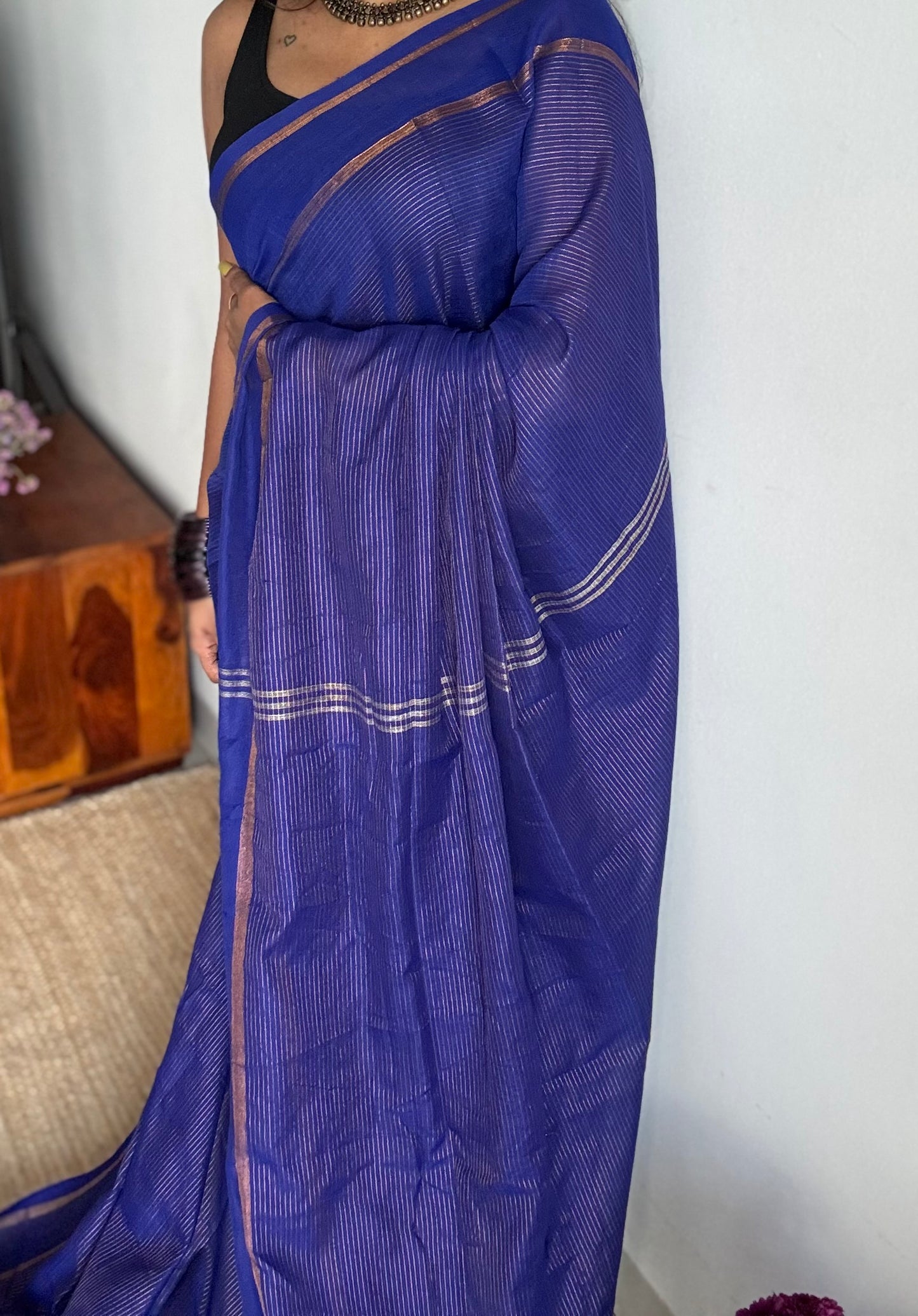 Royal blue, gap border, gold zari stripes, soft cotton - YCBCKCZDE120